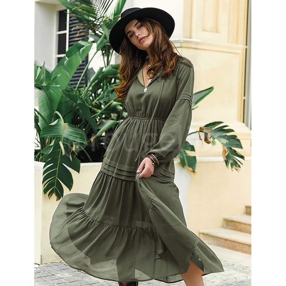 Army Green Bohemian Maxi Dress Chiffon Neck Ties Long Sleeve Ruffle Hem Flowy - Picture 3 of 10